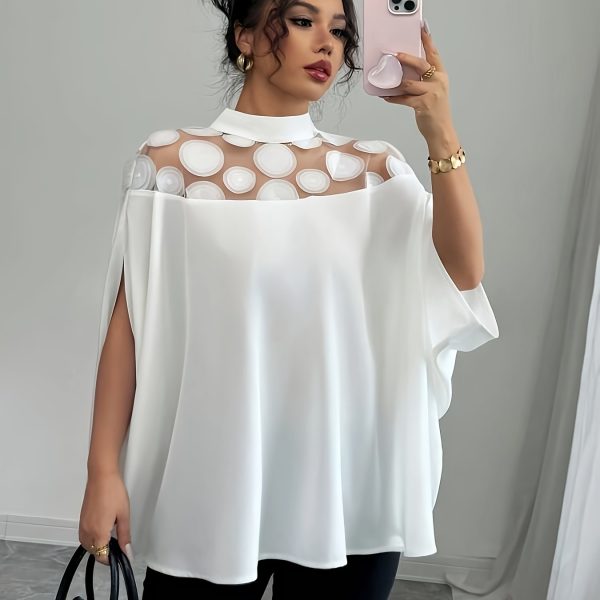 TEMU Women's Elegant High Neck Semi-sheer Blouse With Mesh Sleeve Accents & Round Slit - Lightweight Shirt, Machine Washable Solid Color Top For