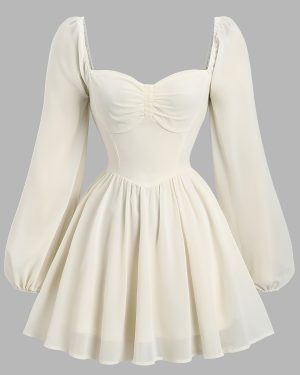 TEMU Women's Elegant Off-shoulder Long Sleeve Dress - Heart Neckline, Corset Top, Flowy Tulle Skirt, Spring And Summer, Romantic Evening Wear,