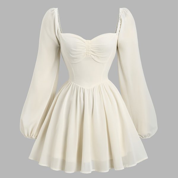 TEMU Women's Elegant Off-shoulder Long Sleeve Dress - Heart Neckline, Corset Top, Flowy Tulle Skirt, Spring And Summer, Romantic Evening Wear,
