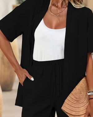 TEMU Women's Elegant Pink Short Sleeve Cardigan & Shorts Set - Chic Casual Summer Outfit With Adjustable Drawstring Waist, White Crop Top, And Beige