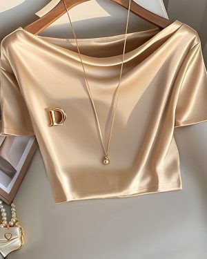 TEMU Women's Elegant Solid Color Cropped Peplum Top - Stretchy Short Sleeve Shirt For Parties, Dates & Work, Versatile Ootd Essential, Crop Top