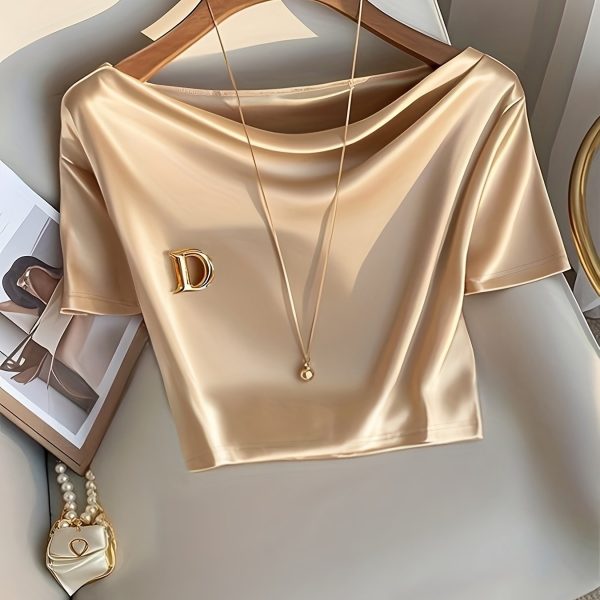 TEMU Women's Elegant Solid Color Cropped Peplum Top - Stretchy Short Sleeve Shirt For Parties, Dates & Work, Versatile Ootd Essential, Crop Top