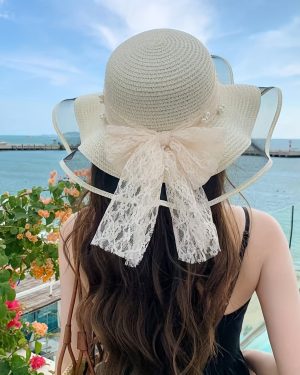 TEMU Women's Elegant Straw Sun Hat With Lace Bow & Mesh Brim - Foldable, Breathable Beach Hat For Summer, Black Sleeve Design, & Stylish Outfits,