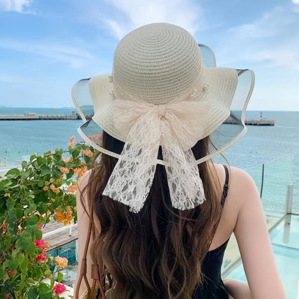 TEMU Women's Elegant Straw Sun Hat With Lace Bow & Mesh Brim - Foldable, Breathable Beach Hat For Summer, Black Sleeve Design, & Stylish Outfits,