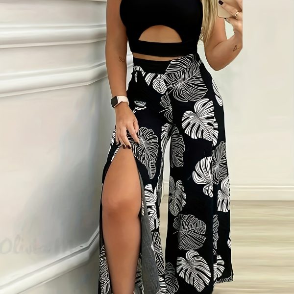 TEMU Women's Elegant Tropical Print Crop Top & High-slit Skirt Set - White Sleeveless Top With Cutout Detail, Black Floral-patterned Skirt With Slit,