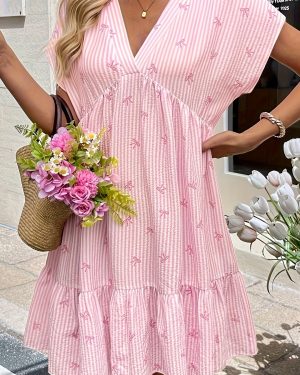 TEMU Women's Elegant V-neck Striped A-line Dress With Ruffle Hem - Vertical Stripes, Short Sleeve, Knee-length, Summer Beach Vacations, Beach Dresses