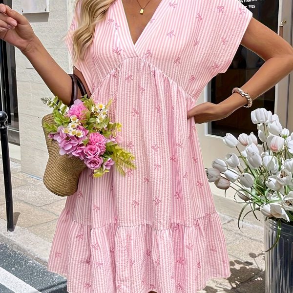 TEMU Women's Elegant V-neck Striped A-line Dress With Ruffle Hem - Vertical Stripes, Short Sleeve, Knee-length, Summer Beach Vacations, Beach Dresses