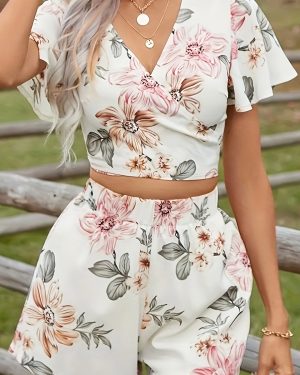 TEMU Women's Elegant White Floral Two-piece Set With Lace-up Detail - Short Sleeve Crop Top And High-waisted Shorts, Polyester, Spring And Summer