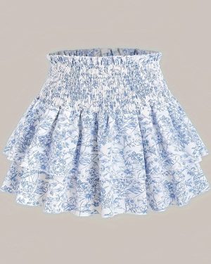 TEMU Women's Floral Print A-line Skirt, Short Polyester Dress, Casual Loose Fit, Ruched Waist, No Belt, , Tiered Hem, Woven Fabric