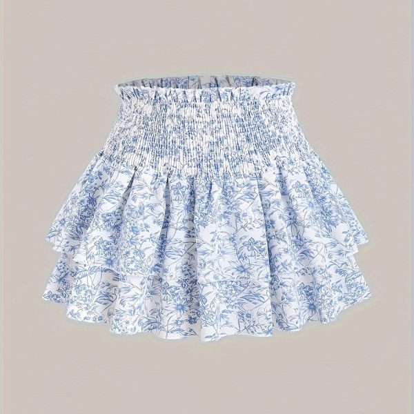 TEMU Women's Floral Print A-line Skirt, Short Polyester Dress, Casual Loose Fit, Ruched Waist, No Belt, , Tiered Hem, Woven Fabric