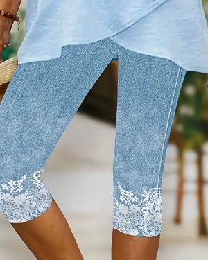 TEMU Women's Floral Print Capri Pants - Light Blue, Casual Knit Jeggings With Lace Detail, Spring/summer, Casual Wear|floral Print Pants|knit