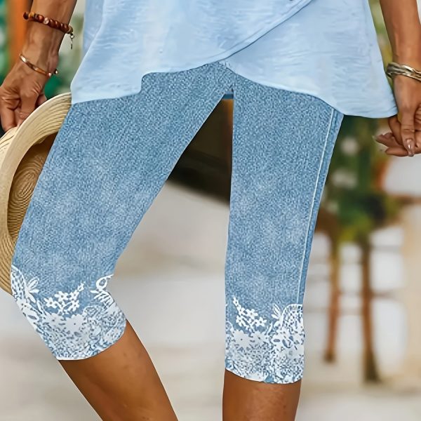 TEMU Women's Floral Print Capri Pants - Light Blue, Casual Knit Jeggings With Lace Detail, Spring/summer, Casual Wear|floral Print Pants|knit