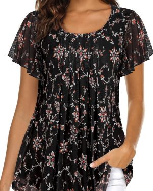 TEMU Women's Floral Print Short Sleeve Blouse - Double Layer Sheer Netting, Loose Fit H-line Tunic Top With Hem & Smocked Detail, Breathable Casual