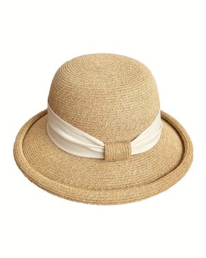 TEMU Women's French-inspired Raffia Sun Hat With Bow - Lightweight Straw Bucket Hat For Summer, Beach & Travel, Beige With Black & Green Accents,