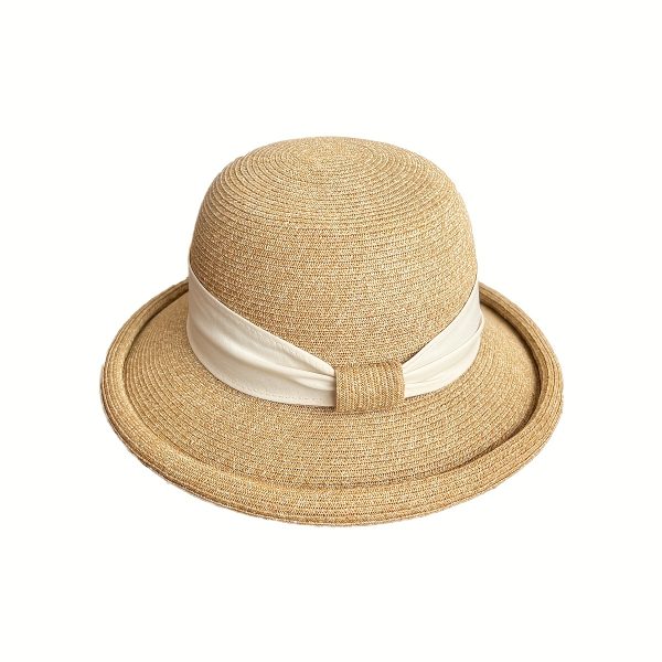 TEMU Women's French-inspired Raffia Sun Hat With Bow - Lightweight Straw Bucket Hat For Summer, Beach & Travel, Beige With Black & Green Accents,