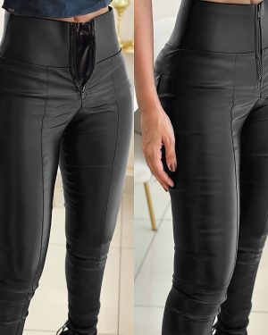 TEMU Women's High-waist Pu Leather Tummy Control Skinny Pants With Zipper Fly, Anti-chafing Lining, And Double-layer Support - Red, , For Casual
