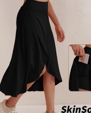 TEMU Women's High-waisted A-line Split Skirt With Pockets - Stretchy, Solid Green, Casual To Wear, Asymmetrical Design, Outdoor Activities, Casual