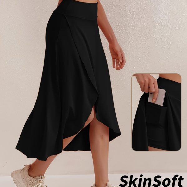TEMU Women's High-waisted A-line Split Skirt With Pockets - Stretchy, Solid Green, Casual To Wear, Asymmetrical Design, Outdoor Activities, Casual