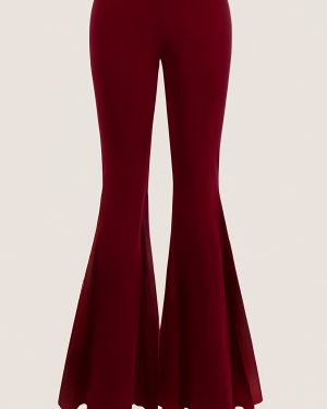 TEMU Women's High-waisted Flared Leg Pants - Super Soft Stretchy Velvet Retro Style, Machine Washable, Solid Black, Fit For Spring/summer
