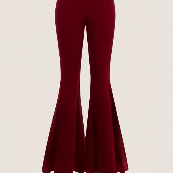TEMU Women's High-waisted Flared Leg Pants - Super Soft Stretchy Velvet Retro Style, Machine Washable, Solid Black, Fit For Spring/summer