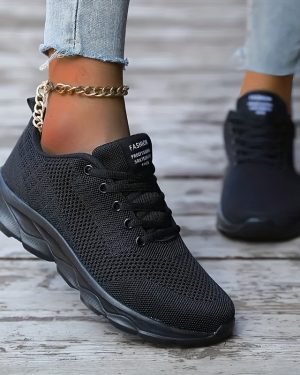 TEMU Women's Lightweight Breathable Running Sneakers - Black Mesh Low-top Lace-up Shoes With Cushioned Eva Sole, For Walking, Casual & Athletic Wear,