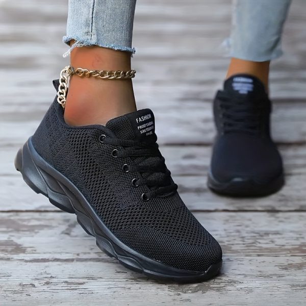 TEMU Women's Lightweight Breathable Running Sneakers - Black Mesh Low-top Lace-up Shoes With Cushioned Eva Sole, For Walking, Casual & Athletic Wear,