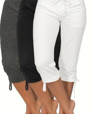 TEMU Women's Lightweight Capri Pants With Drawstring Waist - 3pcs, Casual & Comfortable Cropped Pants In Black, White & Gray | Relaxed Fit For Casual