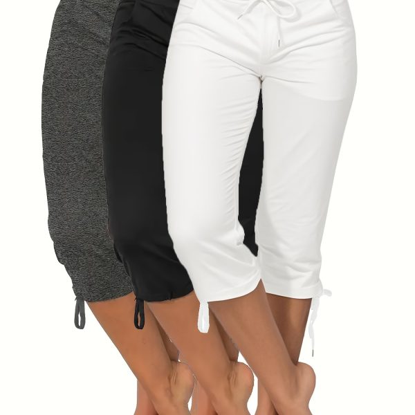 TEMU Women's Lightweight Capri Pants With Drawstring Waist - 3pcs, Casual & Comfortable Cropped Pants In Black, White & Gray | Relaxed Fit For Casual