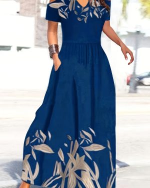 TEMU Women's Navy Blue Floral V-neck A-line Maxi Dress With Pockets - Casual Short Sleeve, High Stretch, Fitted Bodice & Flared Skirt,