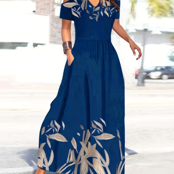 TEMU Women's Navy Blue Floral V-neck A-line Maxi Dress With Pockets - Casual Short Sleeve, High Stretch, Fitted Bodice & Flared Skirt,