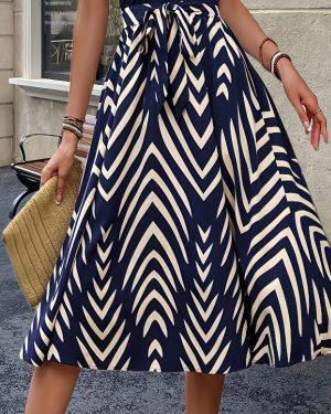 TEMU Women's Navy & White V-stripe Print Midi Skirt With Adjustable Waist Tie - Summer Office Casual Elegant Half-circle Flared Skirt, Machine