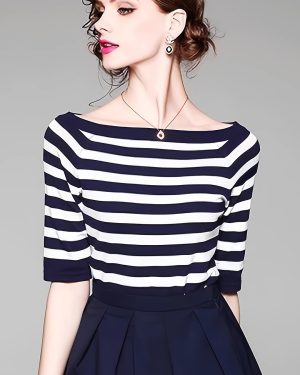TEMU Women's Off-the-shoulder Color Block Striped Top - Loose Fit Short Sleeve Pullover, Navy & White Contrast, Medium Stretch For Spring/summer