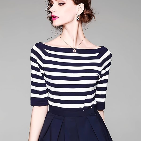 TEMU Women's Off-the-shoulder Color Block Striped Top - Loose Fit Short Sleeve Pullover, Navy & White Contrast, Medium Stretch For Spring/summer