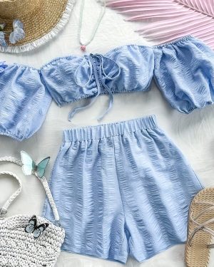 TEMU Women's Off-the-shoulder Puff Sleeve Crop Top And Shorts Two-piece Set