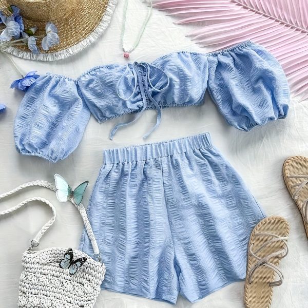 TEMU Women's Off-the-shoulder Puff Sleeve Crop Top And Shorts Two-piece Set