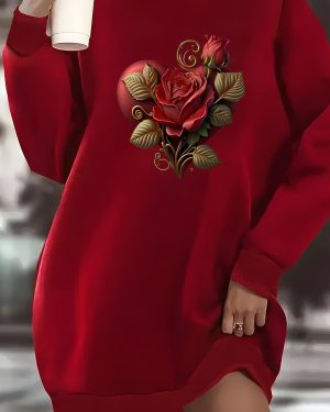 TEMU Women's Plus Size Casual Fashion Floral Print Tunic Dress, Polyester 100% Knit Fabric With Stretch, Fall/winter Season, Long Sleeve Sporty Dress