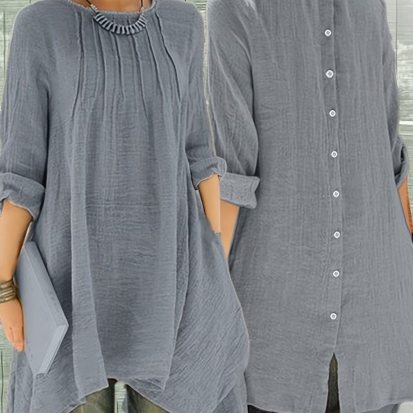 TEMU Women's Plus Size Casual Tunic Shirt - Beige, Asymmetrical Hem, Button-up, Sleeveless Design With Ruffle Detail, Spring/summer Top For Casual