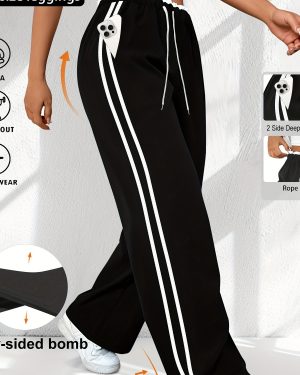 TEMU Women's Plus Size High-waist Striped Athletic Pants With Side Slant Pockets, 7/8 Length Drawstring Wide-leg Joggers, Comfortable Stretch Fabric
