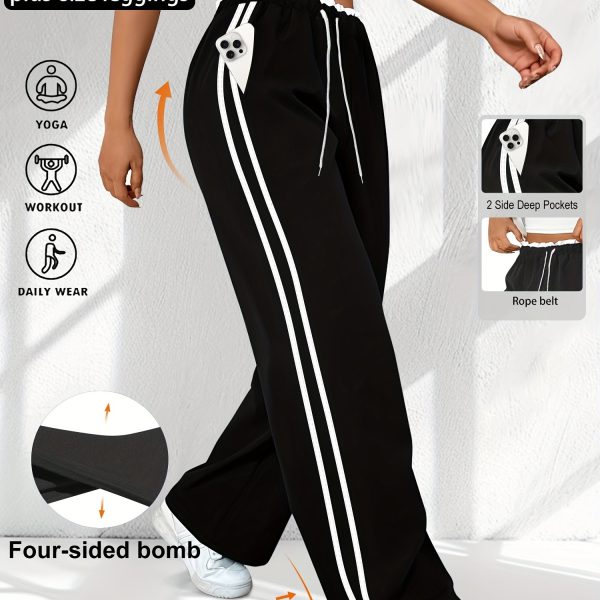 TEMU Women's Plus Size High-waist Striped Athletic Pants With Side Slant Pockets, 7/8 Length Drawstring Wide-leg Joggers, Comfortable Stretch Fabric