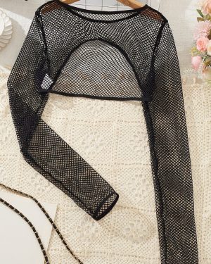 TEMU Women's Red Mesh Long Sleeve Top - Stylish Contrast Mesh Design, Spring/summer/fall, Summer Top|sexy Mesh Top|contrast Mesh Top