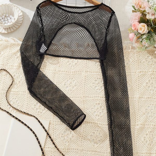 TEMU Women's Red Mesh Long Sleeve Top - Stylish Contrast Mesh Design, Spring/summer/fall, Summer Top|sexy Mesh Top|contrast Mesh Top