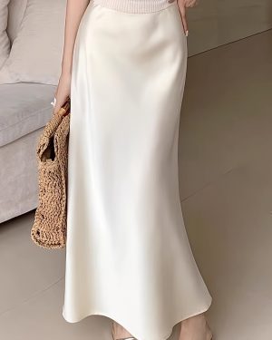 TEMU Women's Satin Mermaid Skirt - Long A-line Midi Skirt With Fish Tail Flare, Solid Color Elegant Texture For Spring Summer Fall, Versatile For