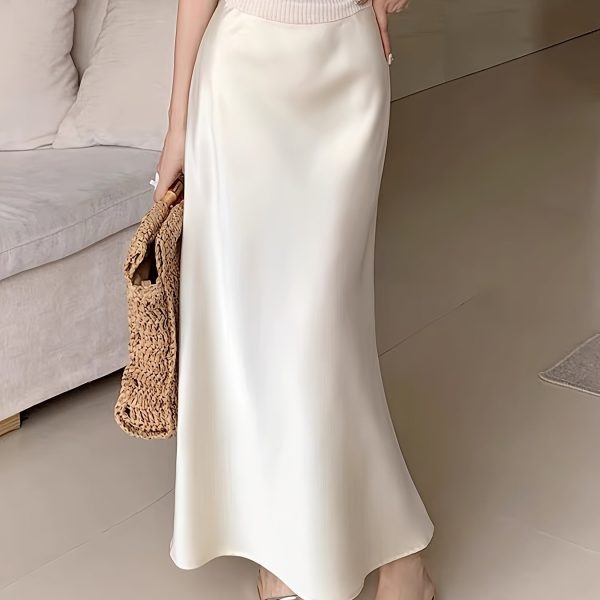 TEMU Women's Satin Mermaid Skirt - Long A-line Midi Skirt With Fish Tail Flare, Solid Color Elegant Texture For Spring Summer Fall, Versatile For