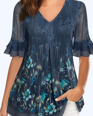 TEMU Women's Short Sleeve Tunic Tops Casual Loose Fit Floral Blouses Mesh Pleated Layered Shirt