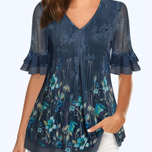 TEMU Women's Short Sleeve Tunic Tops Casual Loose Fit Floral Blouses Mesh Pleated Layered Shirt
