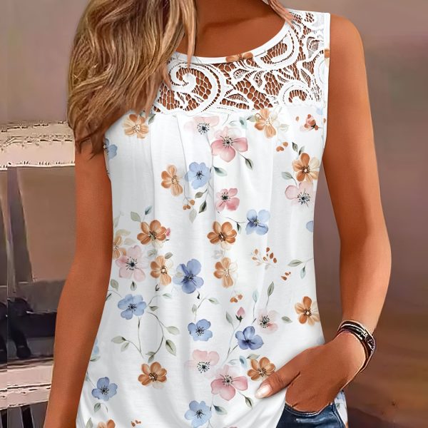 TEMU Women's Sleeveless Floral Print Tank Top With Lace Trim - Casual Summer Blouse, Pastel , , Blue & Orange Flowers, Elegant Feminine Style, Summer
