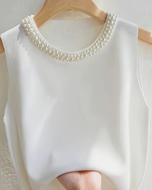 TEMU Women's Sleeveless Knit Vest With Pearl Details - Casual Black Eyelet Lace Trim Top For Spring, Summer & Fall, Layering Or , Elegant Sleeveless