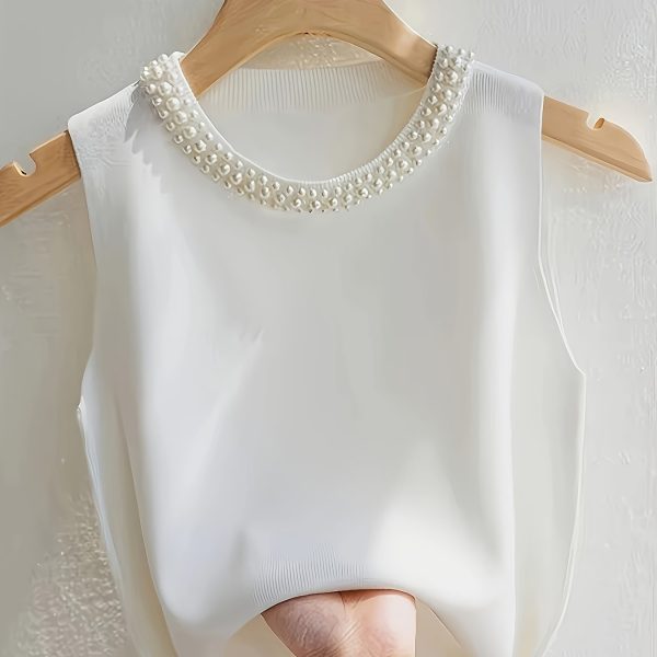 TEMU Women's Sleeveless Knit Vest With Pearl Details - Casual Black Eyelet Lace Trim Top For Spring, Summer & Fall, Layering Or , Elegant Sleeveless