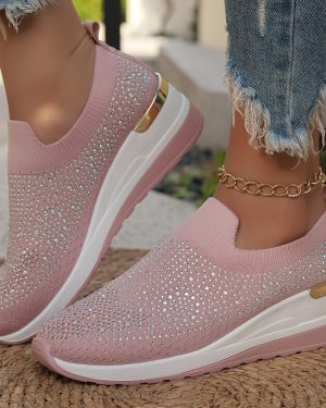 TEMU Women's Slip-on Knit Sneakers With Glitter Fish Pattern - Low-top Breathable Fabric Casual Shoes For Running, Walking & Casual Attire - , Rubber