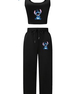 TEMU Women's Summer Casual Suit - Licensed Cartoon Stitch "s" Letter Print, Sleeveless Crop Vest Top & Drawstring Joggers With Pockets